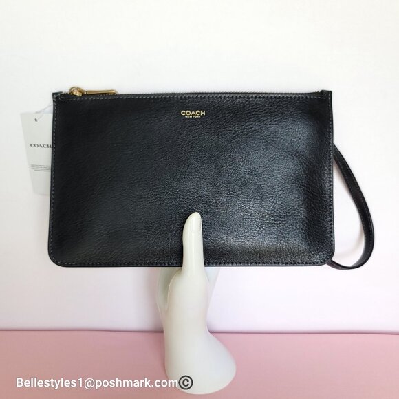 COACH New York Natural Grain Leather Top-Zip Pouch with Dog-clip Leash -Black ⭐ - Picture 5 of 16